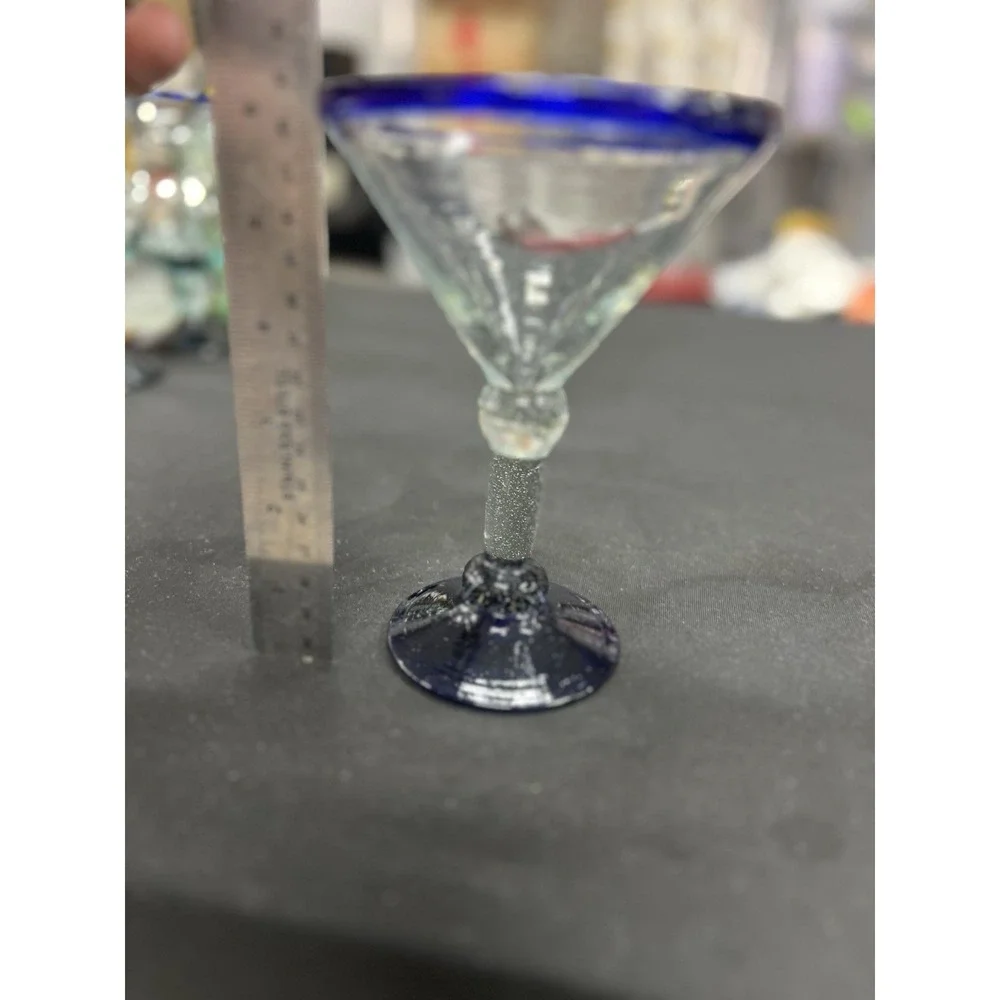 Vintage MCM Handblown Mexican Large Margarita‎ Martini Glasses Cobalt Rim Base
